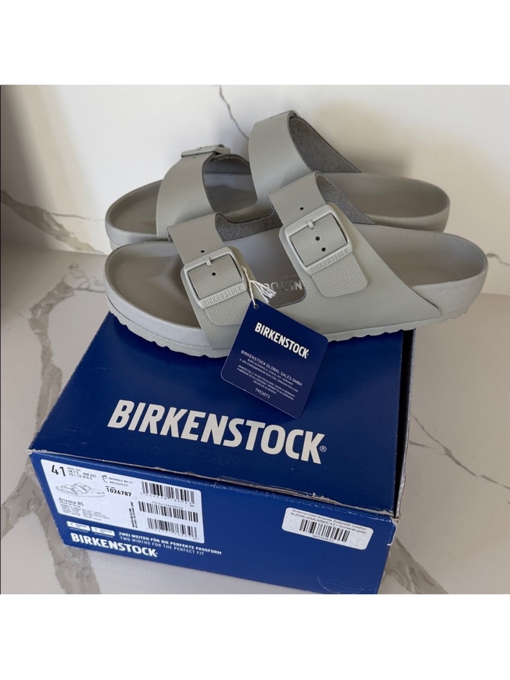 Birkenstock Arizona Exquisite Leather Sandals in Mineral Gray size 41 NEW